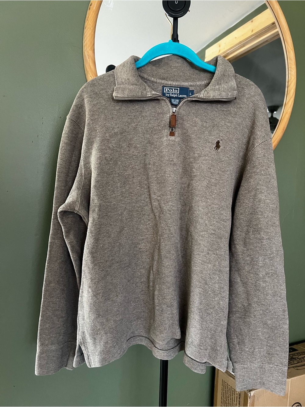 Ralph Lauren Gray Half-Zip Knit Sweater with Leather Pull